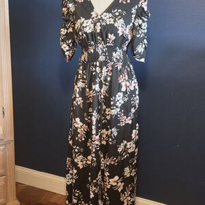 Pink and White Puff Sleeve V-Neck Sundress